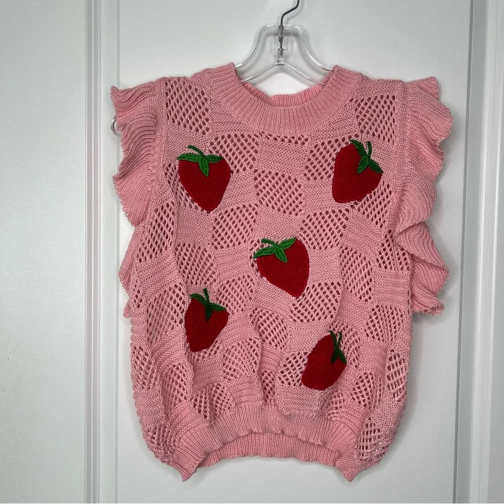 Pink Knit Sweater with Red Strawberry Design Sz Small Flutter Sleeve Soft Cozy - Picture 2 of 10